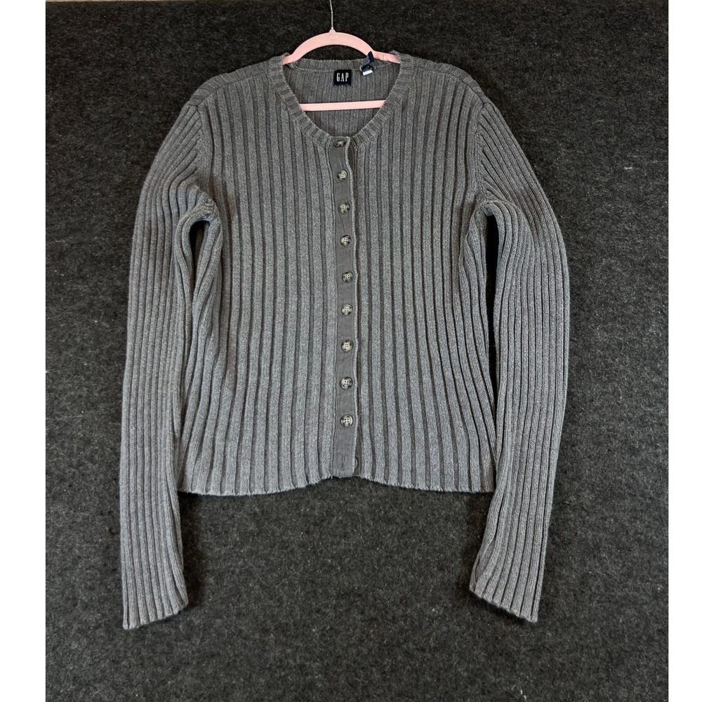 Vintage 90s Gap Ribbed Cotton Cardigan Sweater Gray XL Womens Cotton Preppy